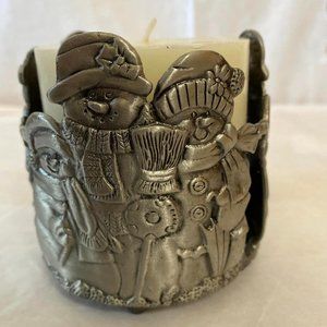 Metal Christmas snow family candle holder with single white unscented candle